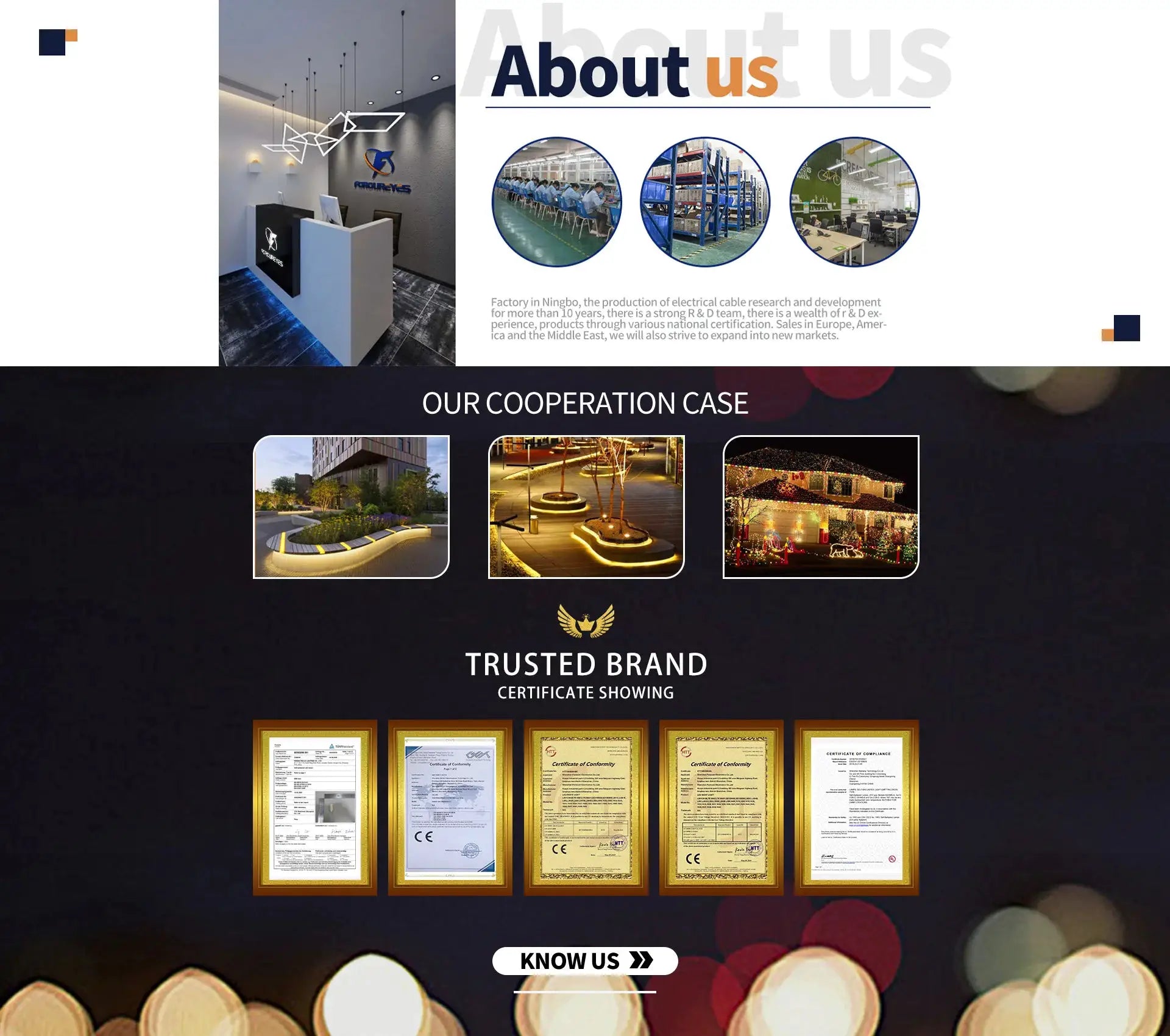 Simples Market About Us hero with reception desk and three circular factory photos