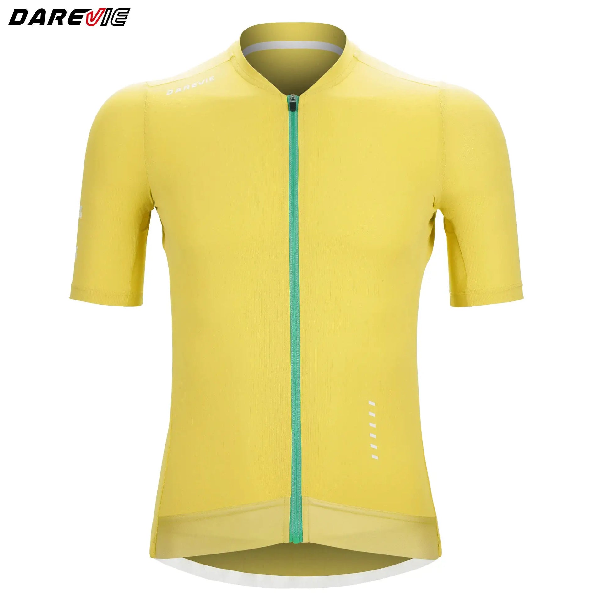 DAREVIE cycling jersey, yellow with teal front zipper, breathable quick-dry fabric