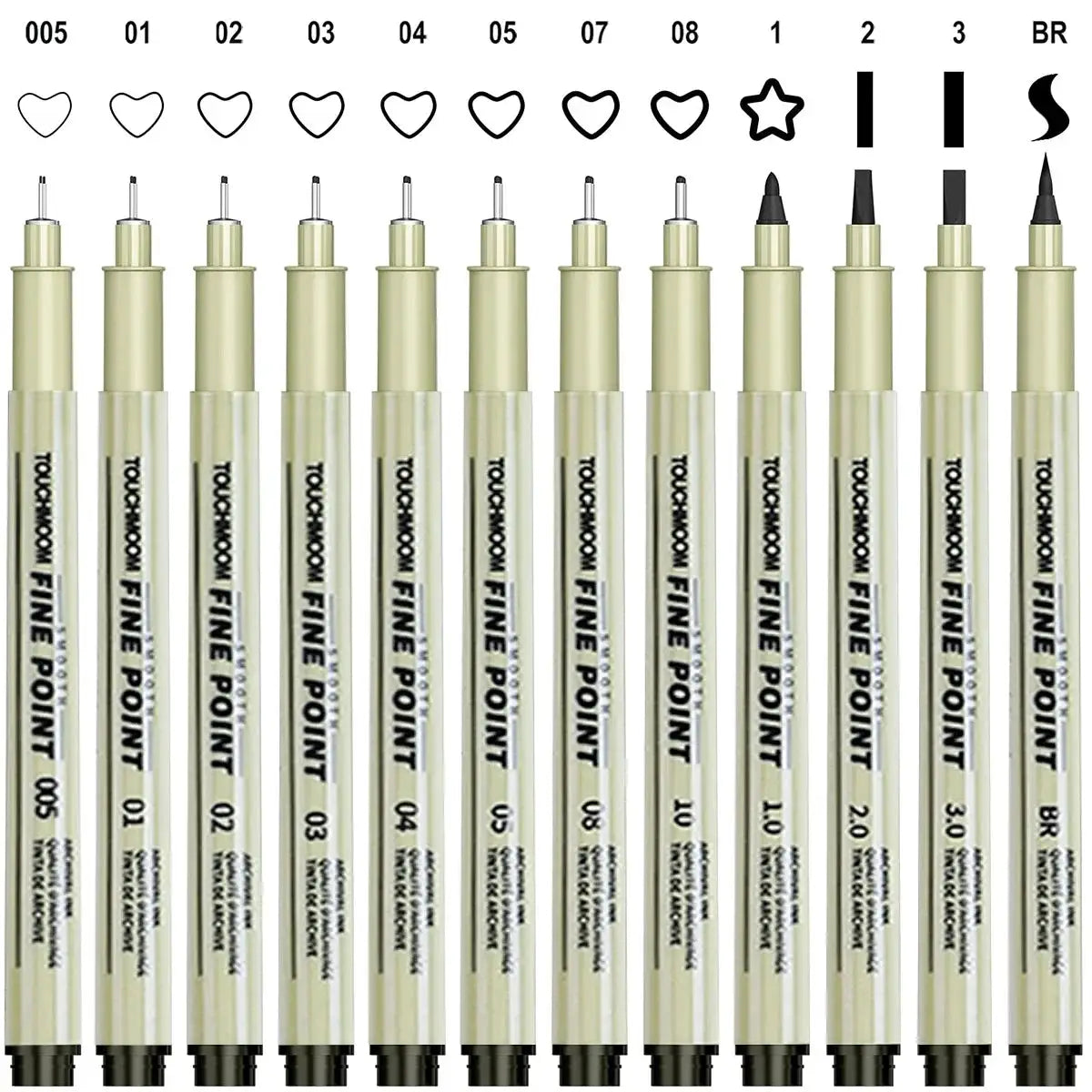 Simples Market 12-piece hook-needle fineliner pen set with beige barrels for sketching and study
