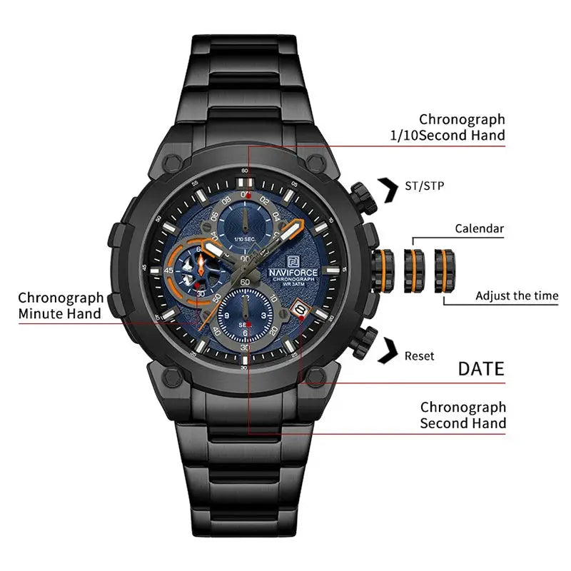 NAVIFORCE men's chronograph watch with black stainless steel bracelet and blue dial