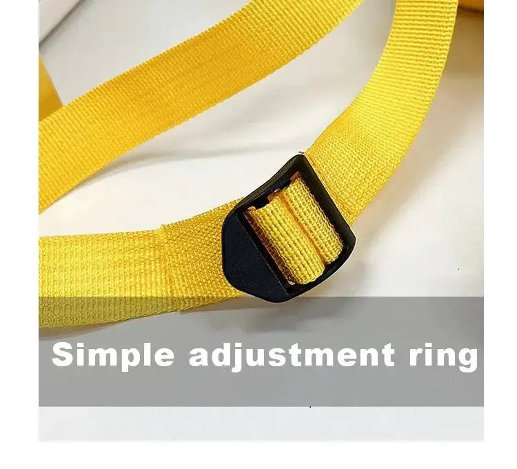 Yellow adjustable kids' backpack strap with black buckle and simple adjustment ring