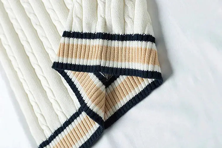 Men's knitted sweater vest with cream body and navy beige striped trim, Simples Market