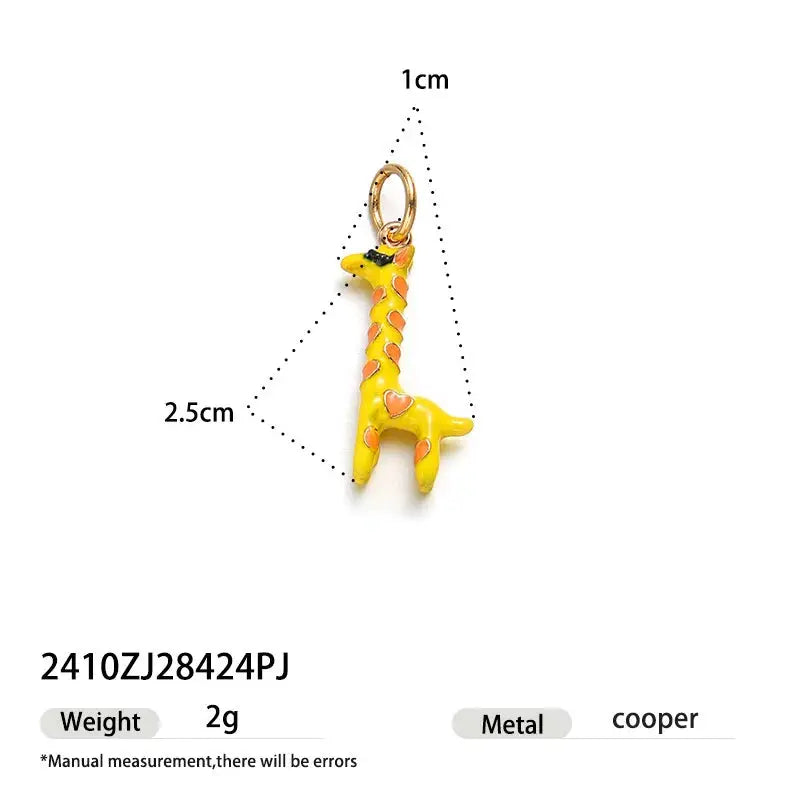 Giraffe pendant hoop earring, yellow cartoon charm with orange patches on a gold-tone hoop