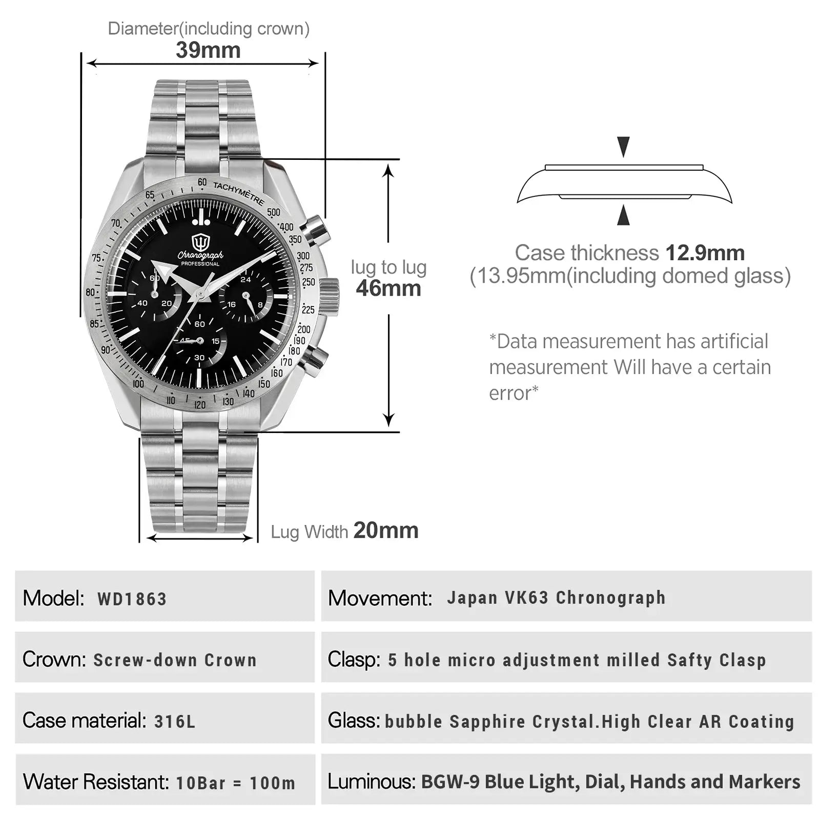WD1863 chronograph watch with stainless steel bracelet and black dial