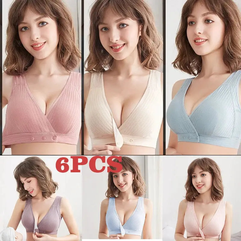 6PCS women's cotton front-buckle bras; vest-style, traceless, non-sagging in assorted pastel colors.