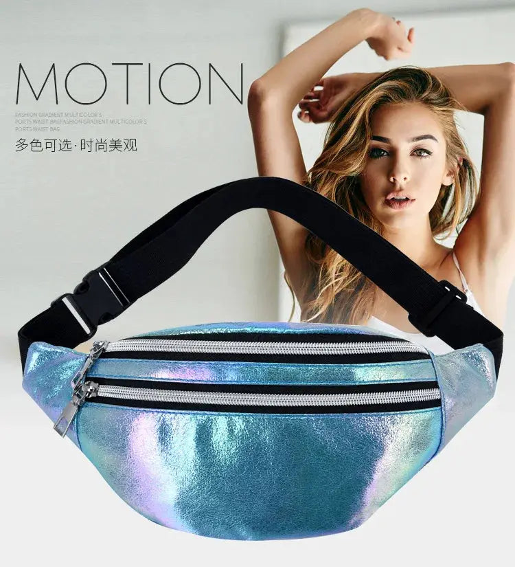 Holographic fanny pack with iridescent blue-silver finish, dual-zip compartments and black adjustable strap