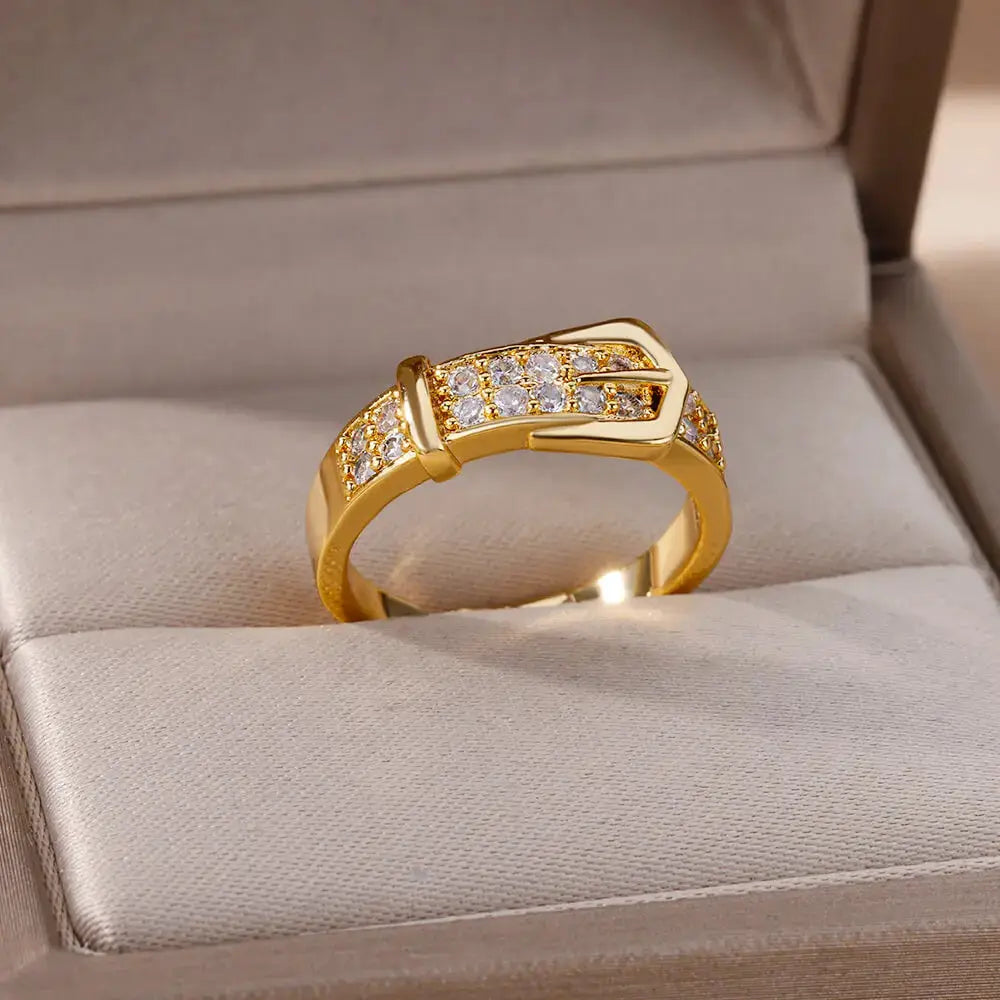 Stainless Steel Belt Ring For Women Zircon Adjustable Belt Finger Ring Geometric Wedding Aesthetic Jewelry Gift