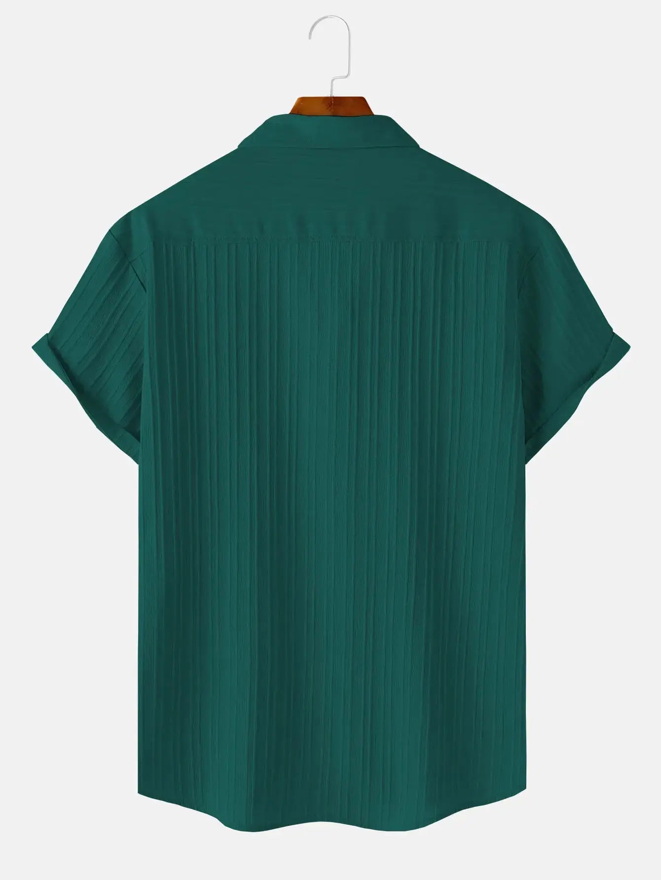 Men's teal green short-sleeve shirt by Simples Market on hanger, solid color casual beach shirt