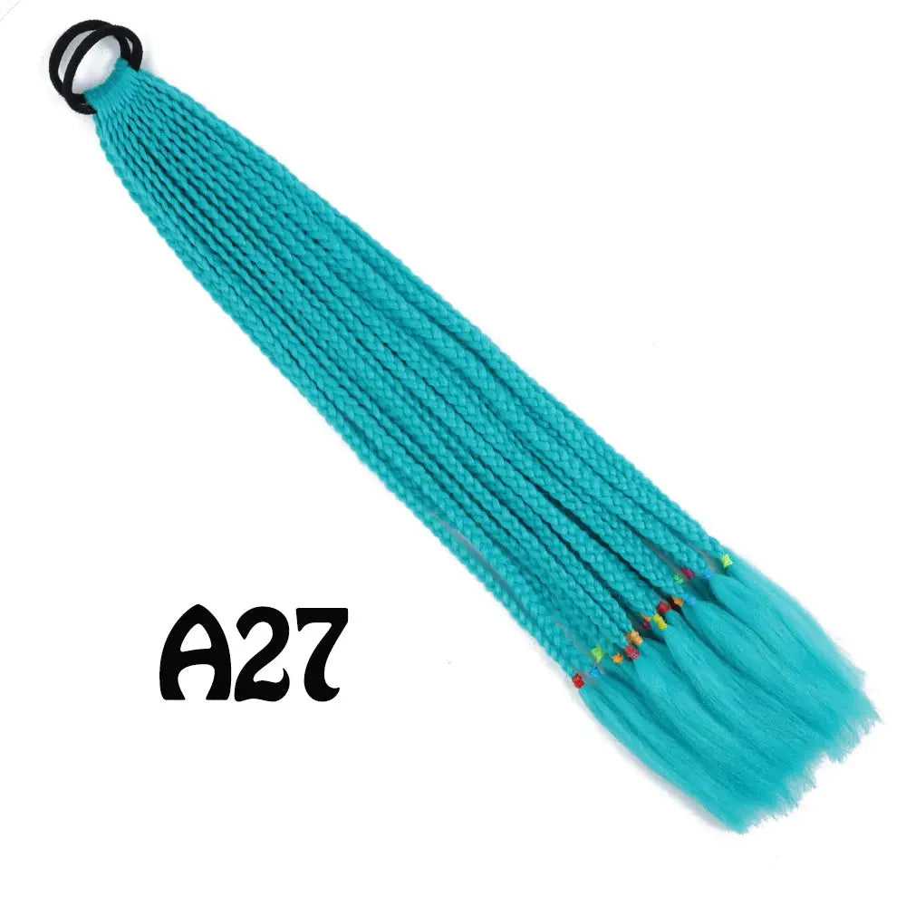 Turquoise synthetic braided ponytail extension with elastic band, 24 inches long, tassel-end bundle