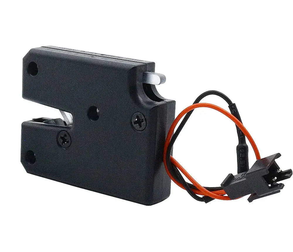 Mini electric cabinet lock, black plastic body with red and black wires