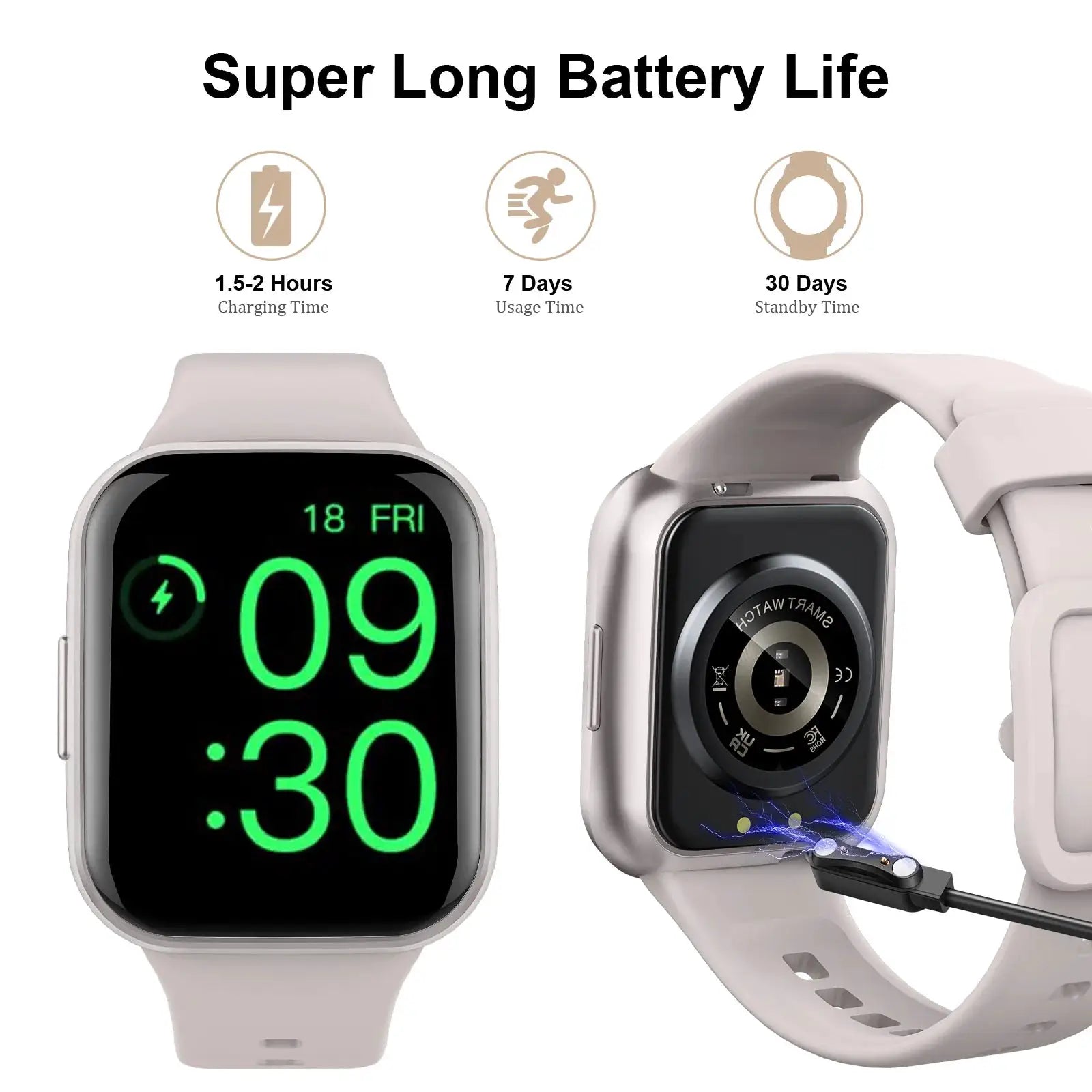Smartwatch by Simples Market with 1.69-inch touch display and light gray strap.