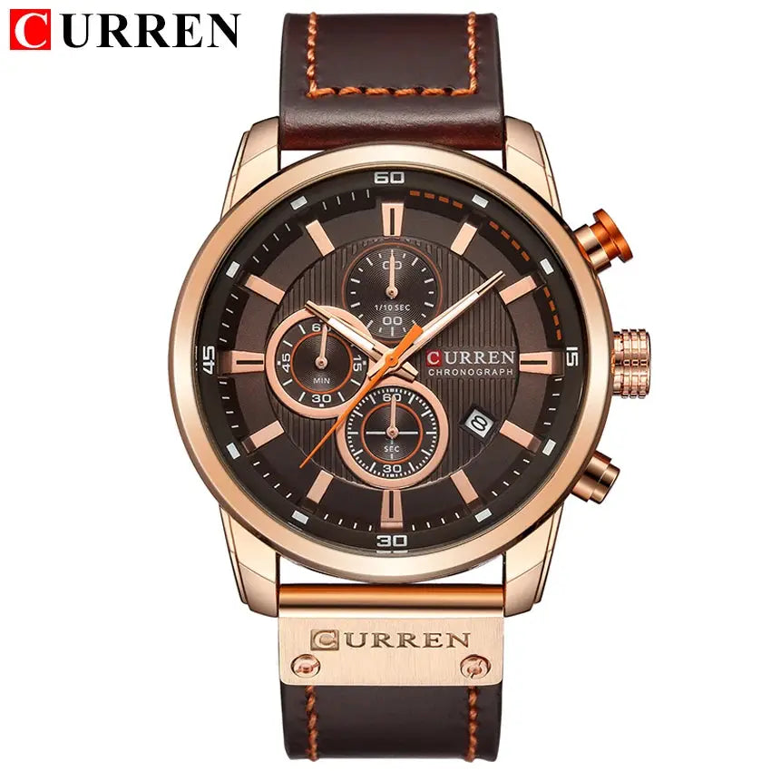 Curren 8291 men's quartz chronograph watch with brown leather strap and rose-gold case