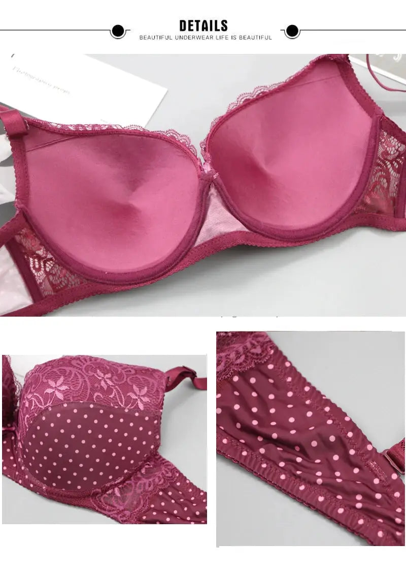DaiNaFang pink lace bra with polka-dot cups and floral lace trim