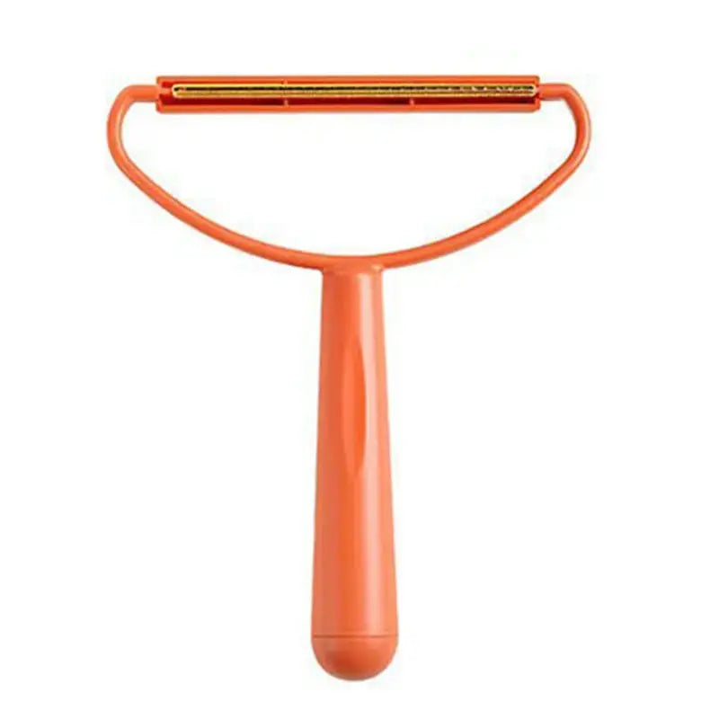 Lint remover tool, orange, with curved handle and double-rail blade for fabrics