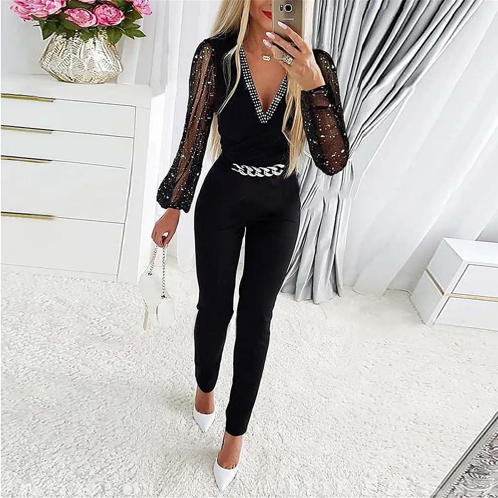 Jumpsuits Women One Piece black V-neck jumpsuit with sheer dotted sleeves and silver chain belt — Simples Market