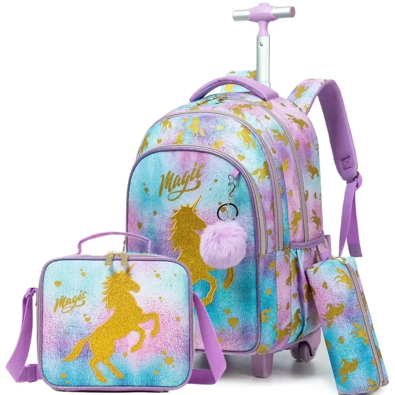 Children's wheeled backpack set with lunch box by Simples Market; pastel unicorn, pink and blue, trolley handle