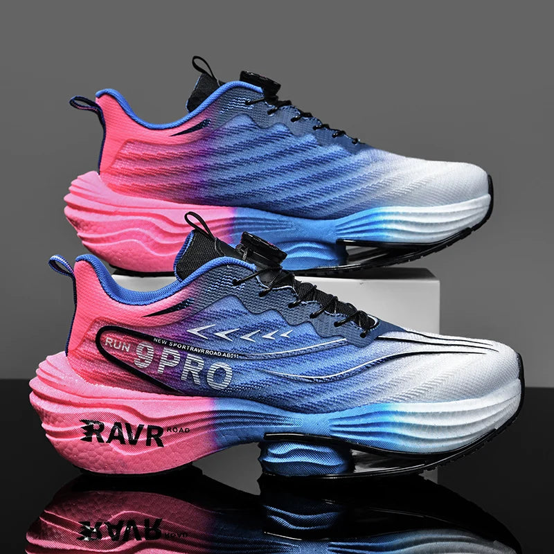 Men's running shoes in pink-to-blue gradient with a white midsole and cushioned carbon-plate racing design