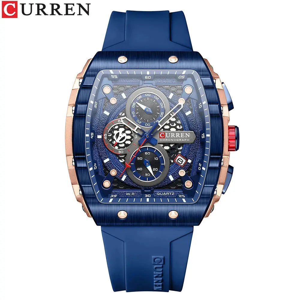 Curren Luxury Square Quartz Wristwatch For Men Water Resistant Luminous Chronograph With Date Alloy Case Silicone Strap