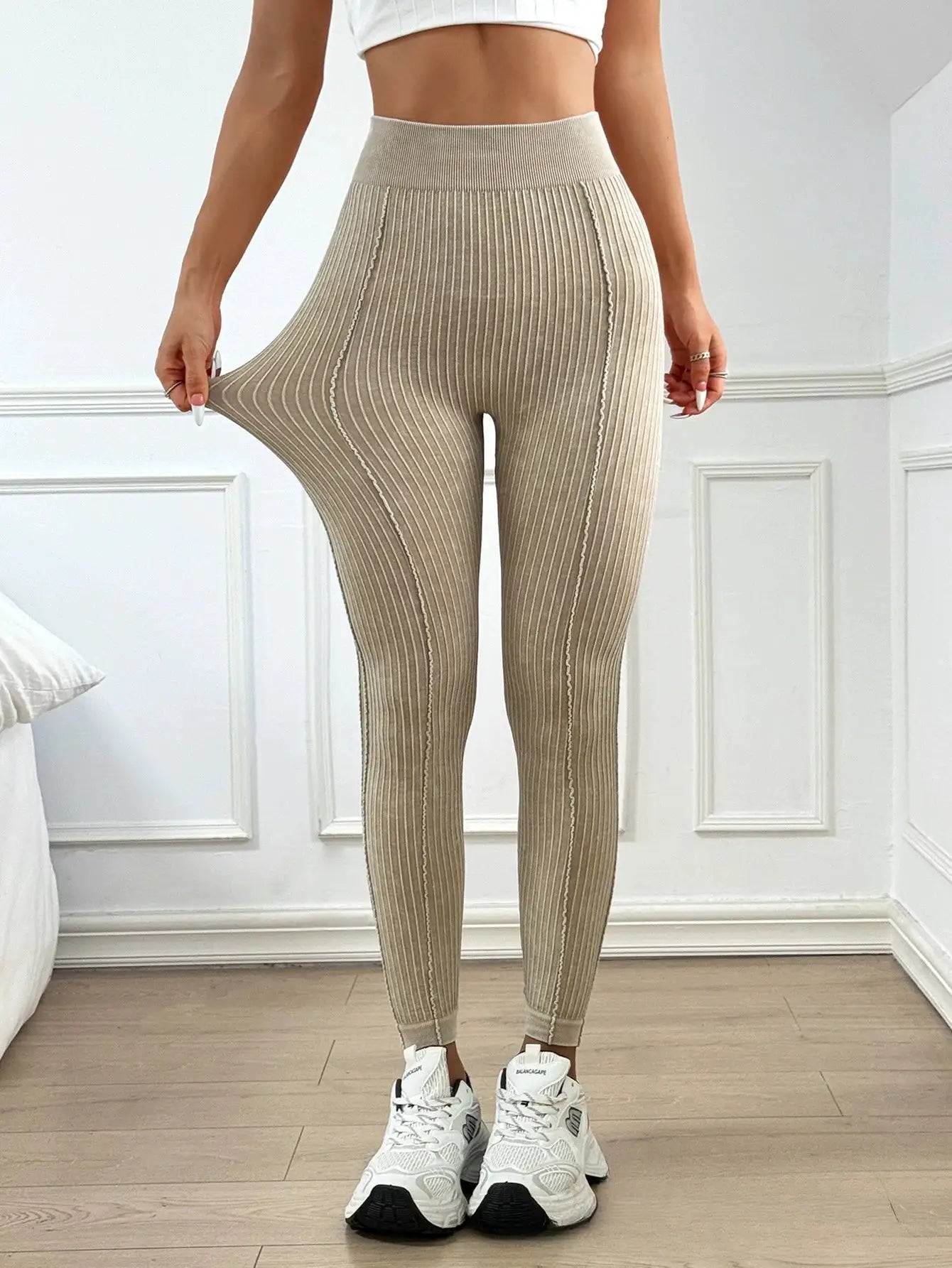 Womens peach ribbed high-waisted leggings by Simples Market for workouts