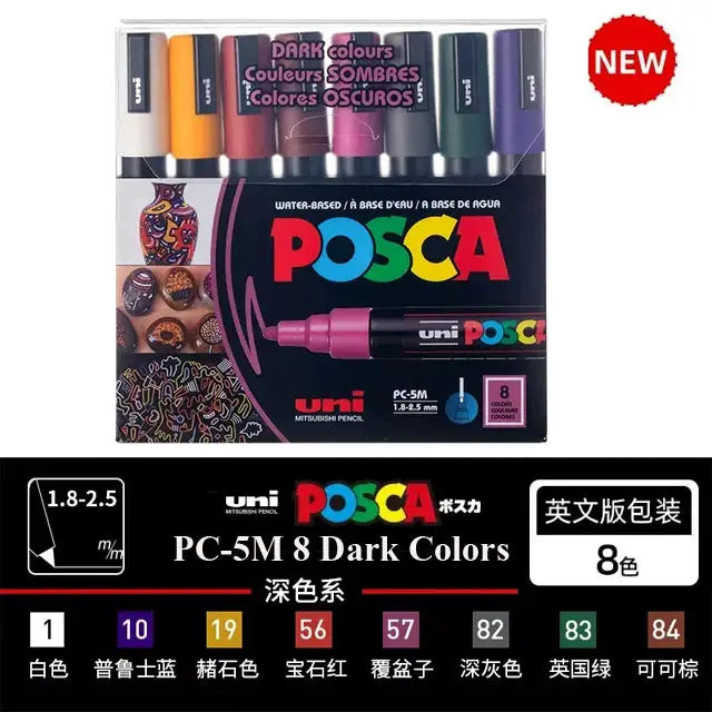 Uni Posca PC-5M 8 Dark Colors marker pen set in original vinyl case by Simples Market