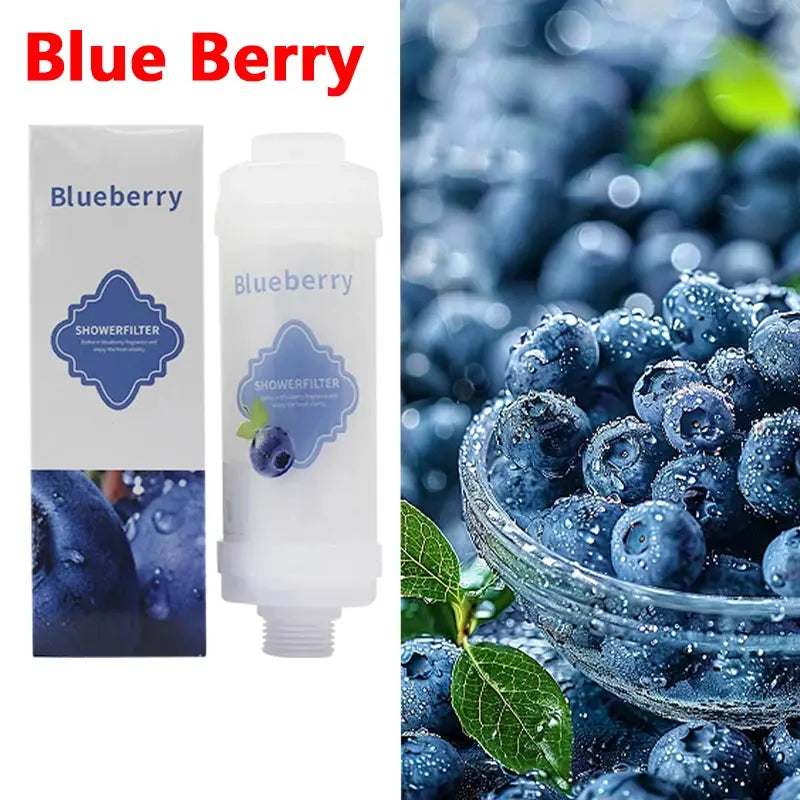 Blueberry shower filter cartridge with white box and blue label