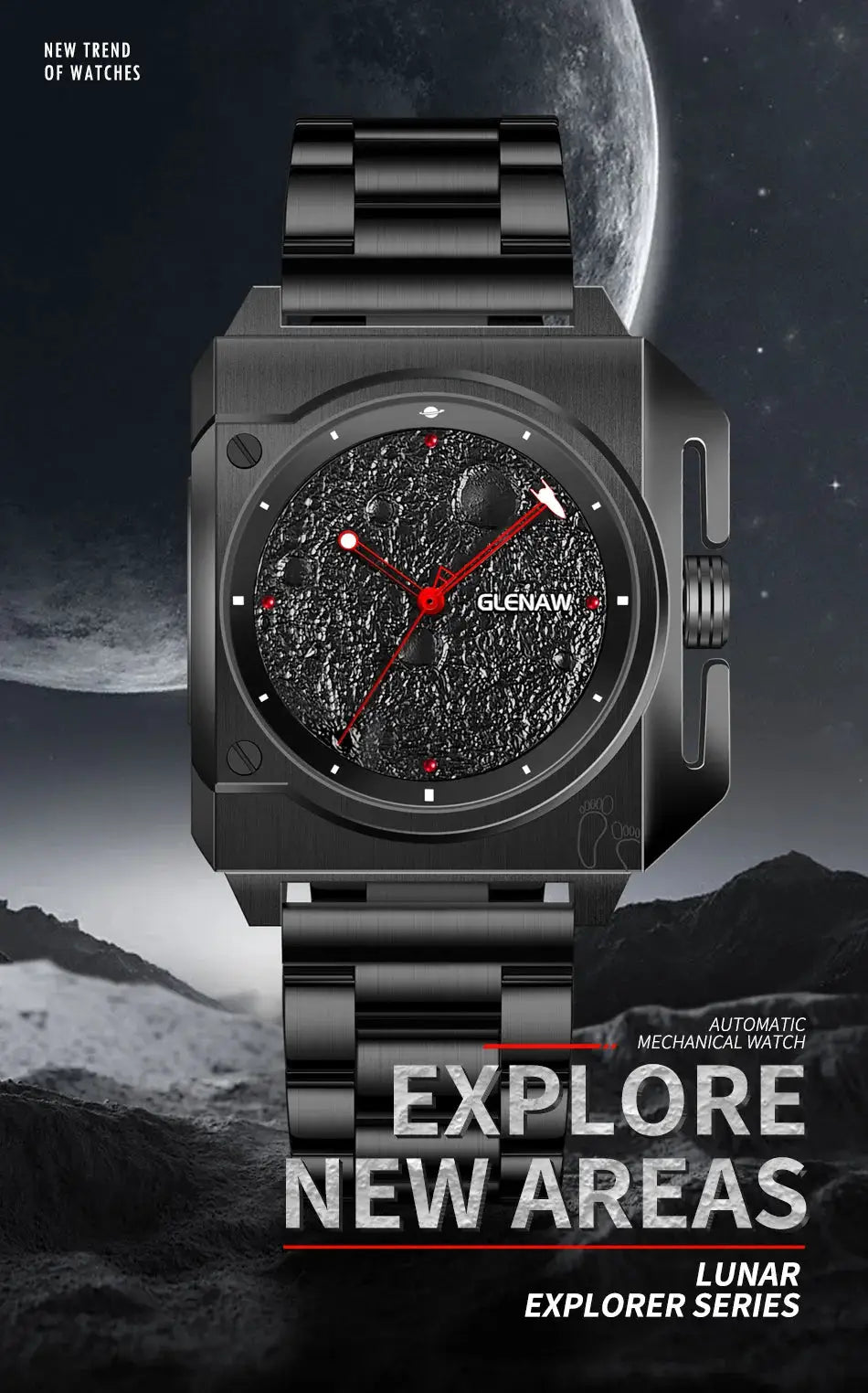 Glenaw men's black stainless steel mechanical watch with a textured moon dial and red luminous hands