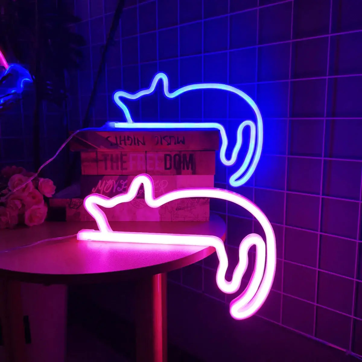Cat neon sign set; two LED signs in pink and blue for wall decor, USB powered