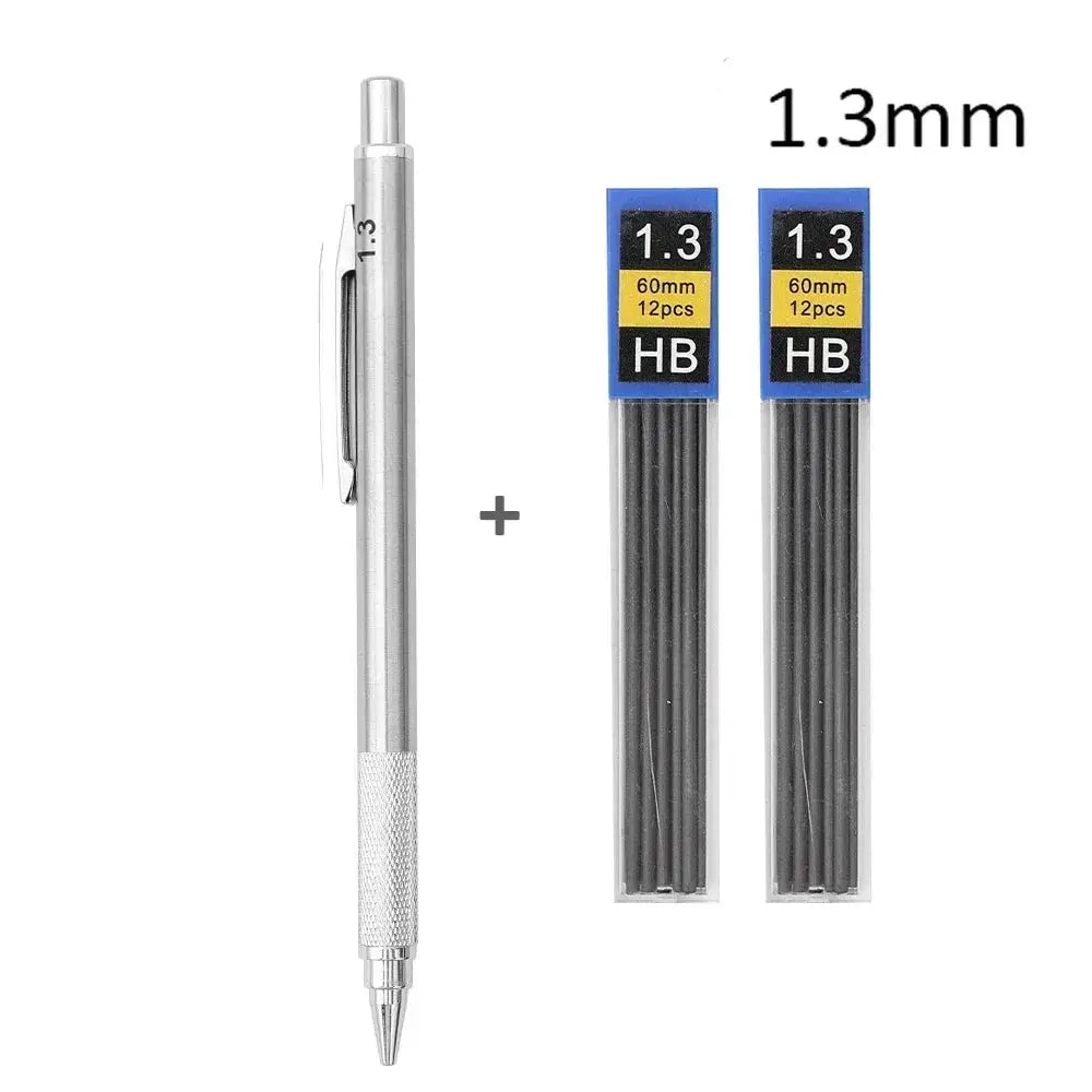 Metal mechanical pencil set with silver knurled grip and two packs of blue HB lead refills