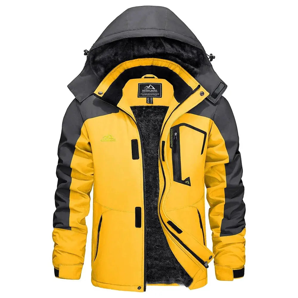 KEFITEVD men's yellow and gray waterproof ski jacket from Simples Market with fleece lining and multiple zip pockets.