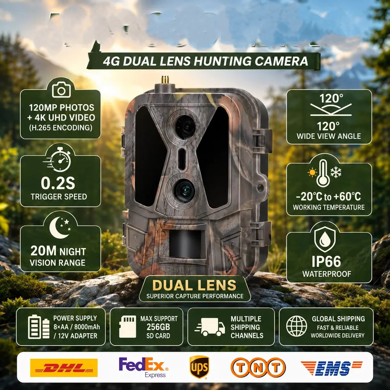 Wildlife hunting camera in camouflage with dual lens, 4K 4G for outdoor surveillance