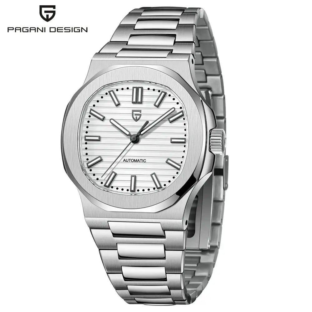 Pagani Design men's luxury automatic watch, stainless steel bracelet, white striped dial
