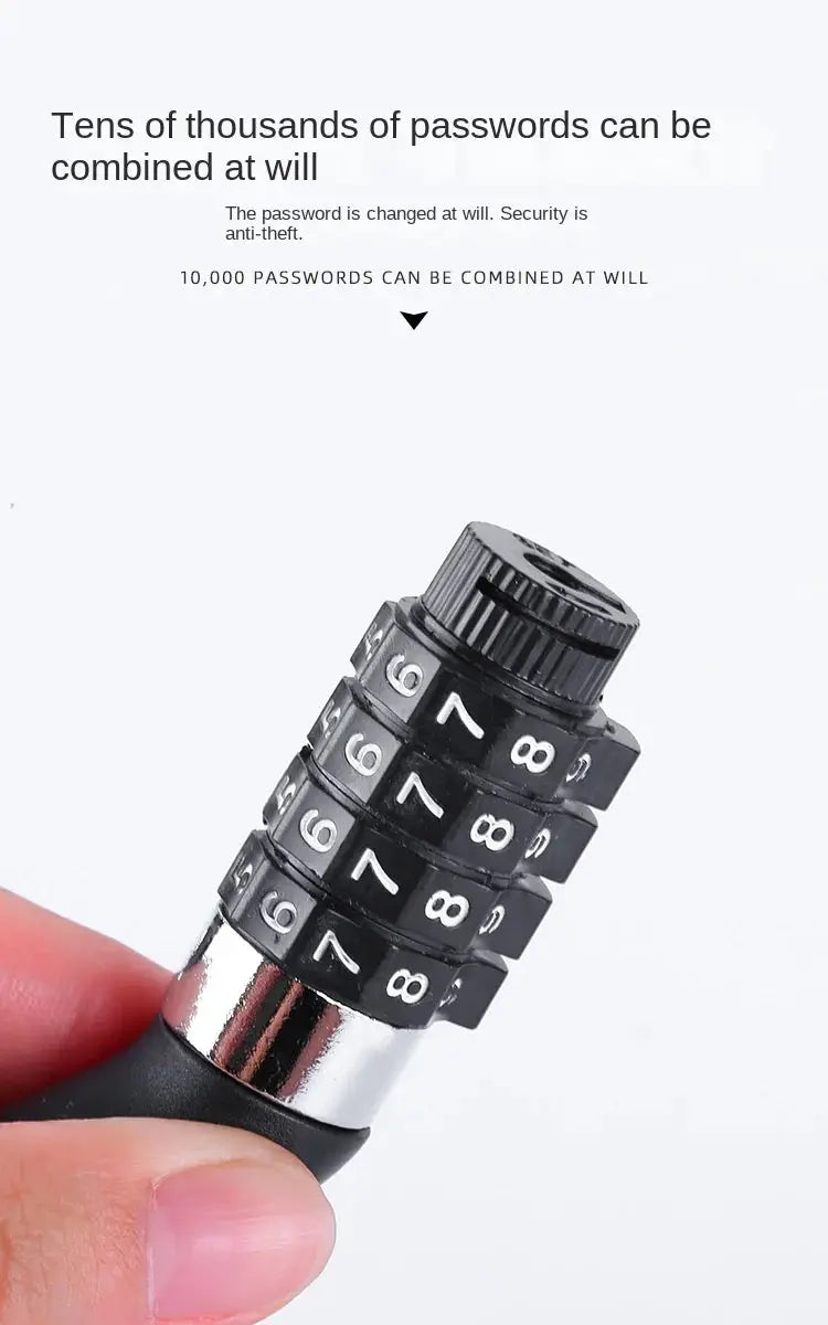 Bicycle lock, black four-dial combination lock with chrome band and steel body.