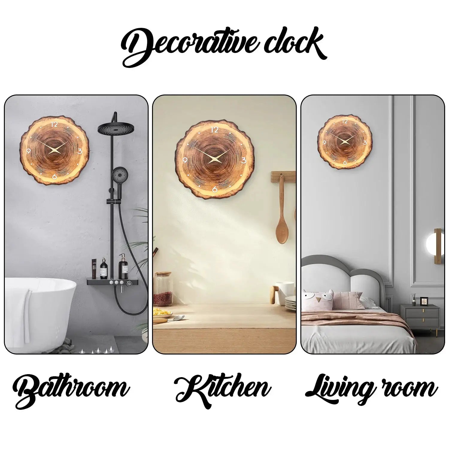 Simples Market wooden ring veneer wall clock; 3-panel collage with flat cross-section wood grain, silent movement