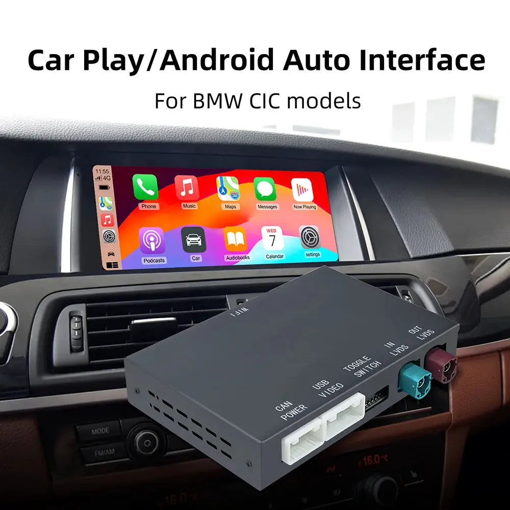Wireless CarPlay/Android Auto interface for BMW CIC NBT by Simples Market; gray module with USB/video connectors.
