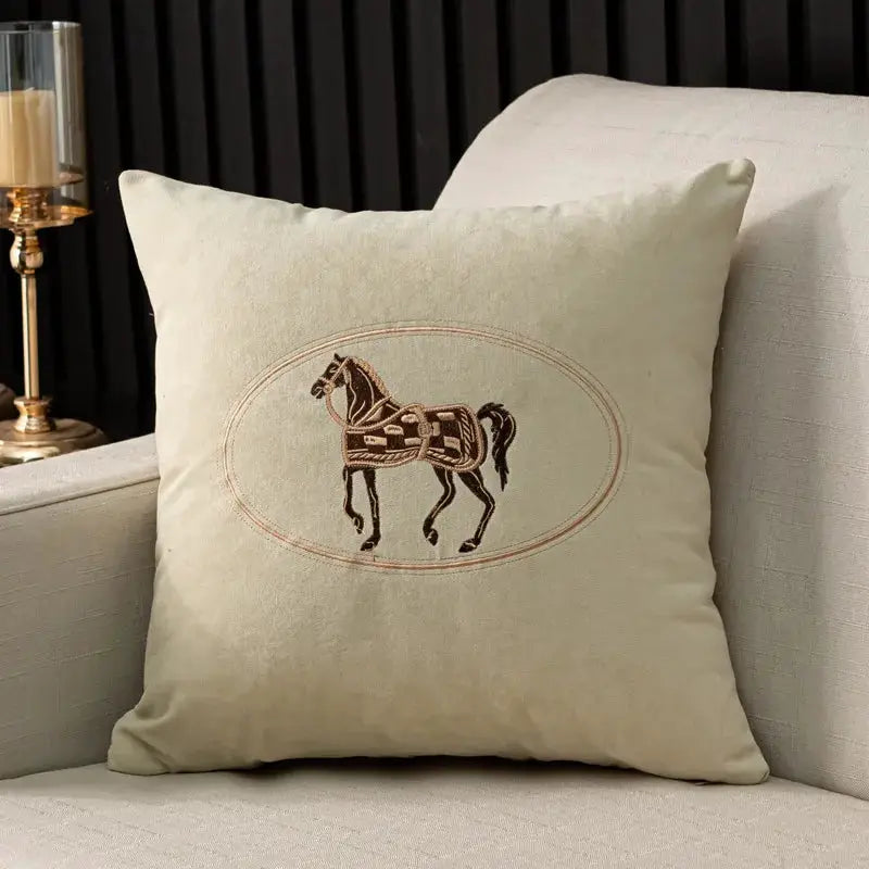 Cushion cover, beige, Simples Market hand-embroidered horse design in an oval frame, 45x45cm