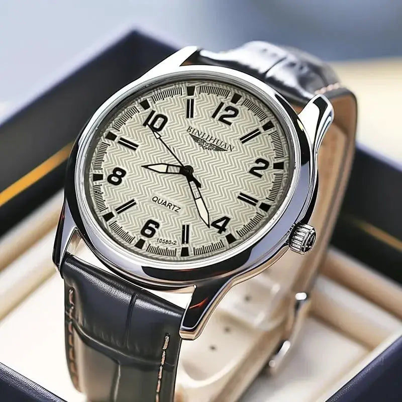 Top Brand Luxury Business Wristwatch For Men With Waterproof Case And Genuine Leather Strap And Quartz Movement