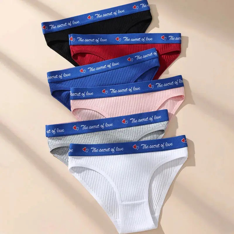 Simples Market six-piece women's cotton panties set in assorted colors with blue waistband printed The secret of love
