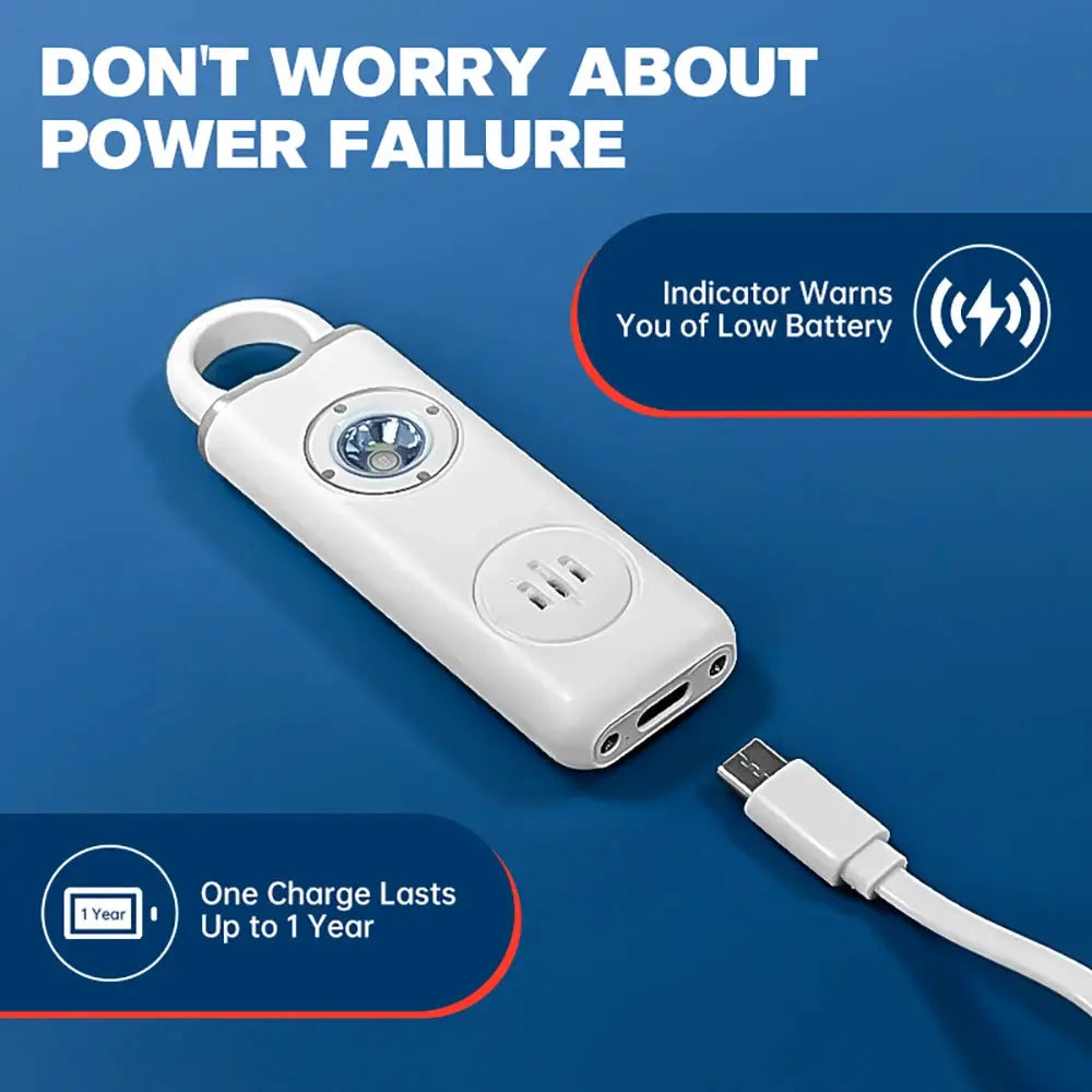 Simples Market white 130dB rechargeable personal alarm keychain with LED flashlight and USB charging cable
