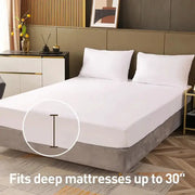Simples Market waterproof mattress protector, breathable noiseless jersey cover; fitted white sheet.