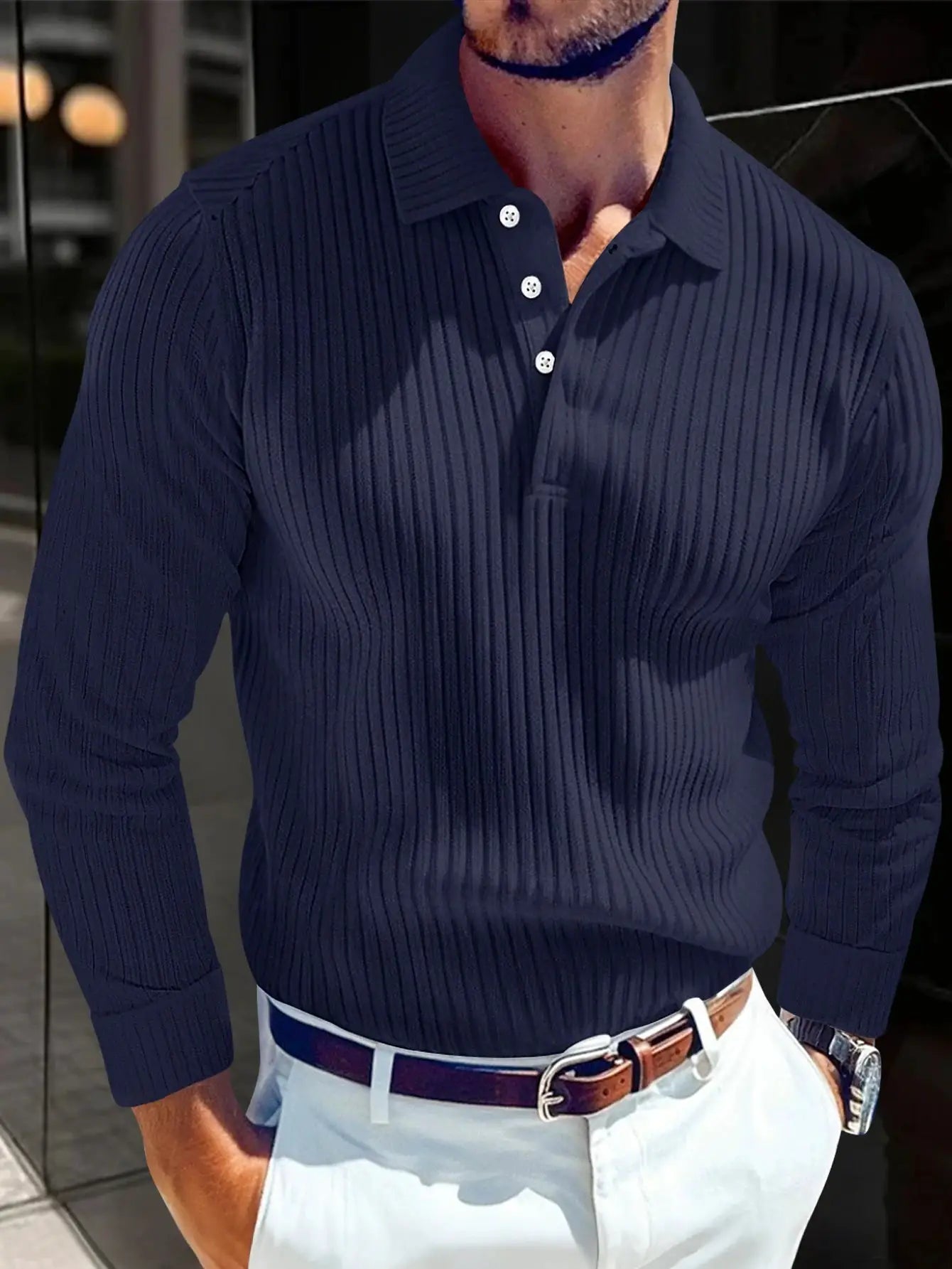 Men's navy ribbed long-sleeve polo shirt with button placket by Simples Market