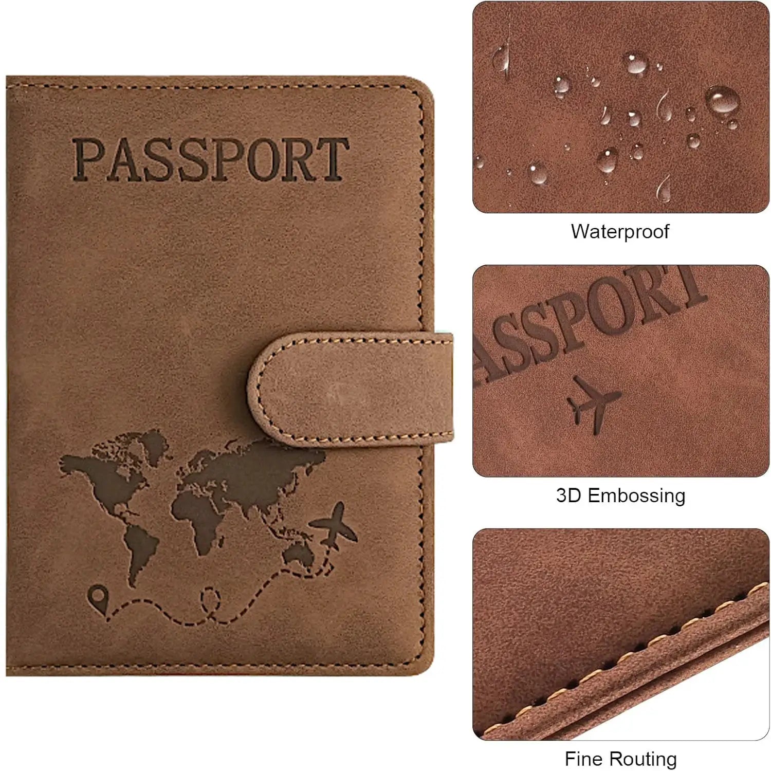 Passport holder by Simples Market in brown leather with world map embossing, stitched edge, waterproof, 3D embossing.