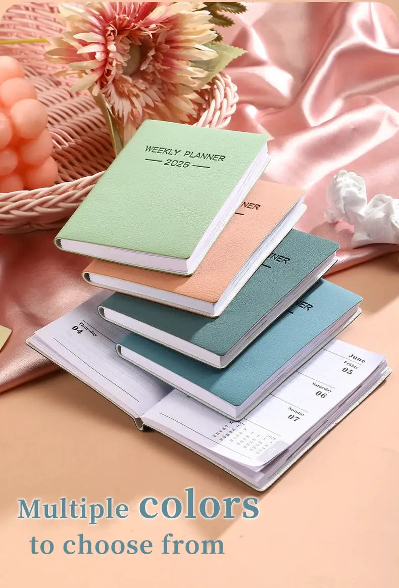 Five A7 2026 Morandi PU daily planners with weekly calendar pages in pastel colors