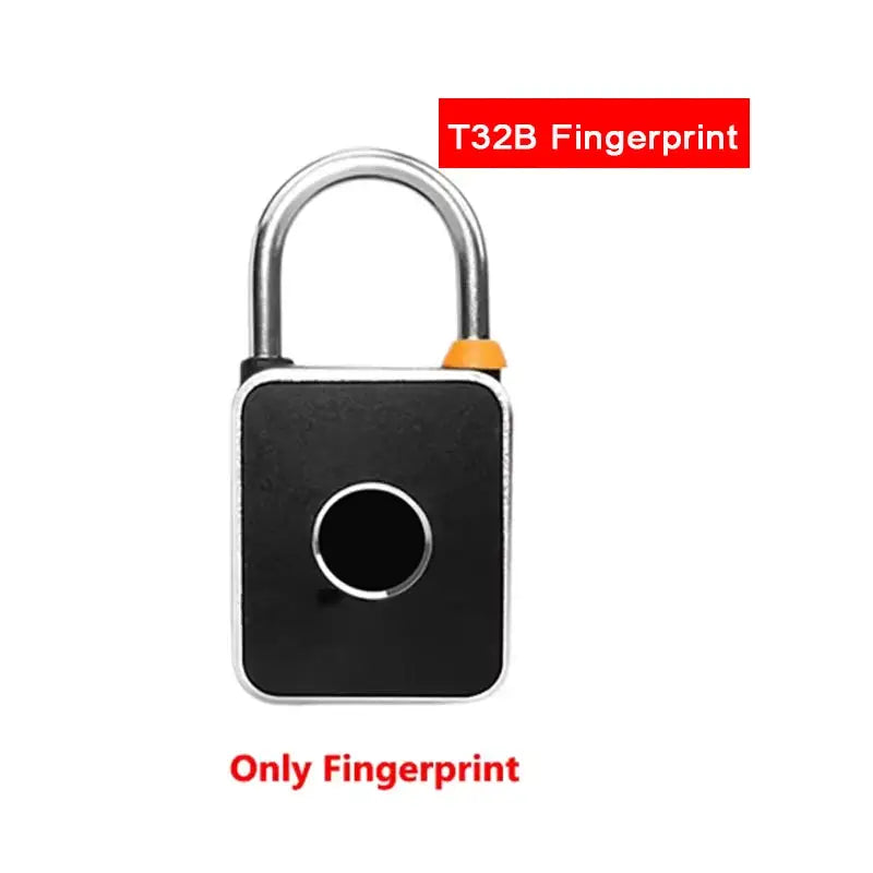 3-in-1 mini smart fingerprint padlock by Simples Market, black body with silver shackle and orange accent