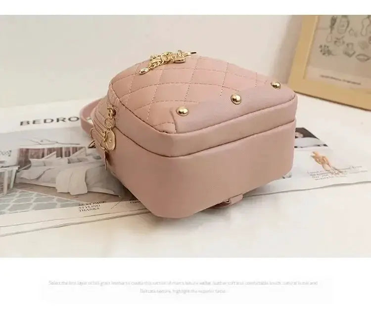 Fashion women's pink quilted mini backpack with gold-tone hardware.