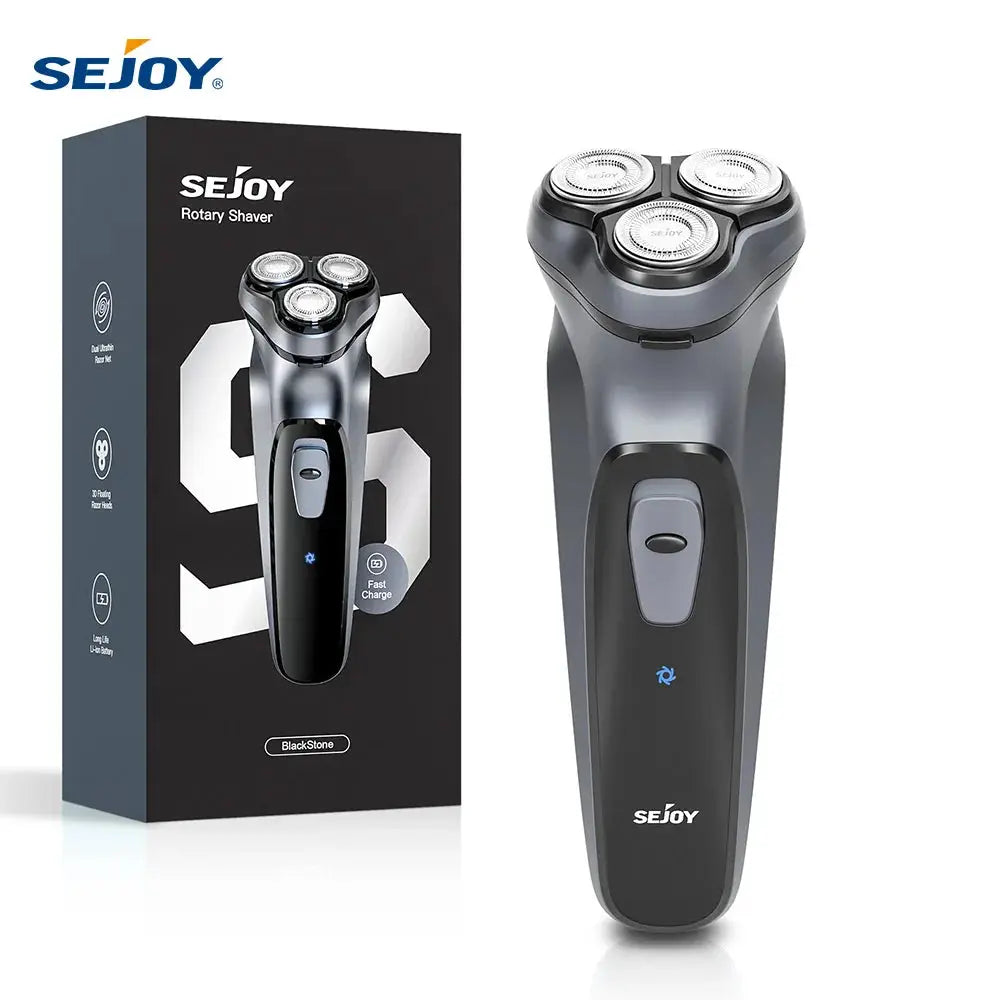 Sejoy rotary electric shaver for men, rechargeable, gray and black, with its box