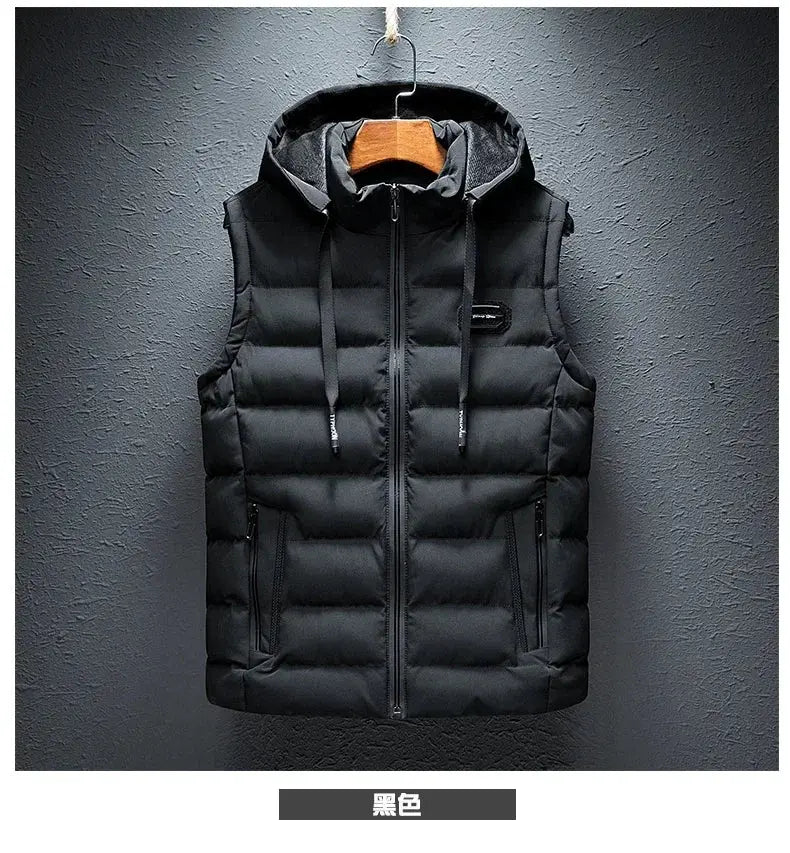 Simples Market black sleeveless hooded cotton-padded puffer vest with front zipper, drawstrings, and two side pockets