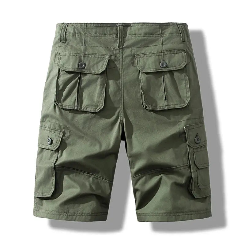 Simples Market men's olive green cotton cargo shorts with buttoned flap pockets