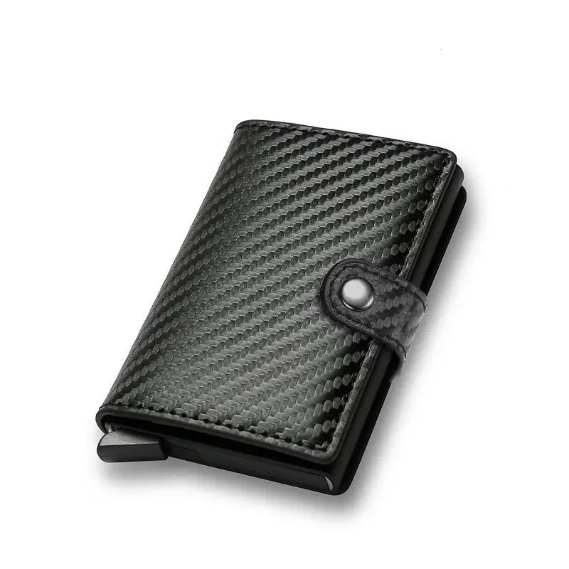 Credit card holder wallet by Simples Market, carbon fiber RFID, slim black minimalist metal design with snap strap