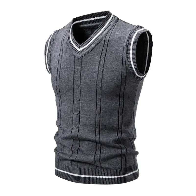 Men's gray knit sleeveless V-neck vest with vertical cable-knit pattern and white ribbed trim.