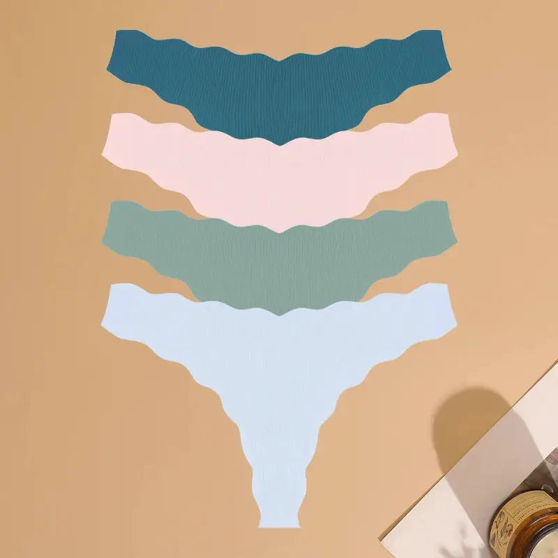 Simples Market 4pc seamless thong set for women; low-rise T-back in teal, pink, sage, light blue.